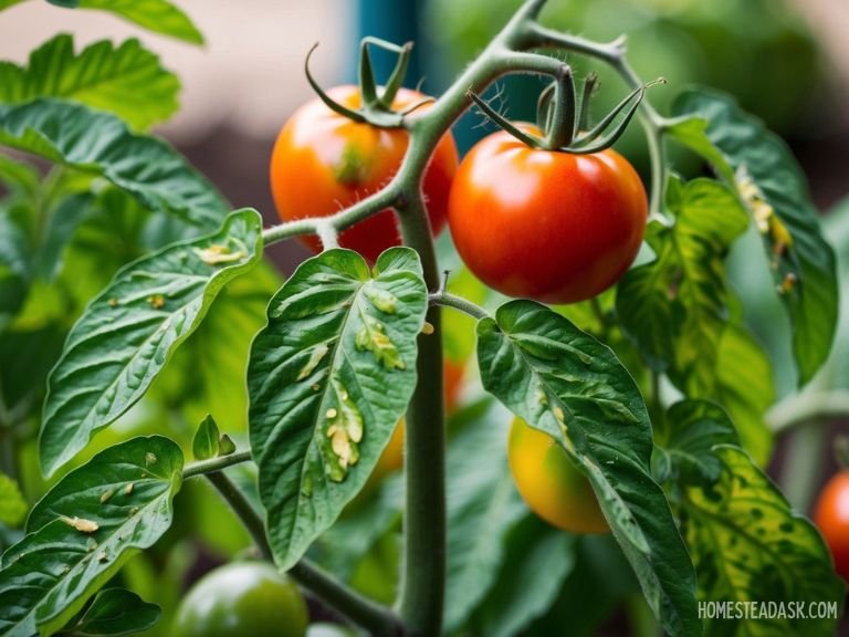 A tomato plant with healthy green leaves some with minor spots or discoloration but overall thriving and growing tall