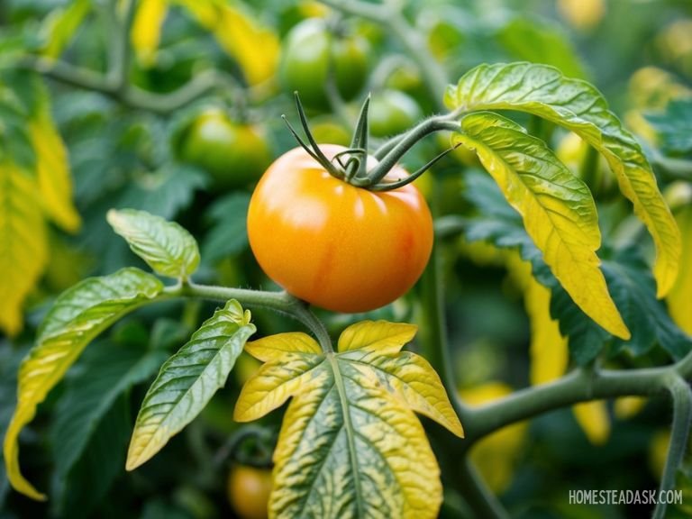 A tomato plant with pale or yellow leaves due to nutrient deficiencies showing stunted growth and wilting