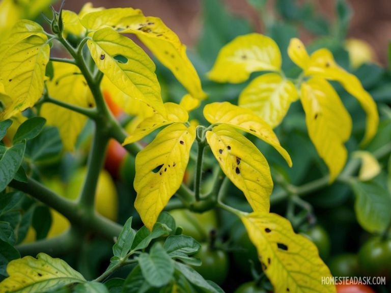 Yellow leaves with holes scattered on tomato plants. Signs of pest or disease damage