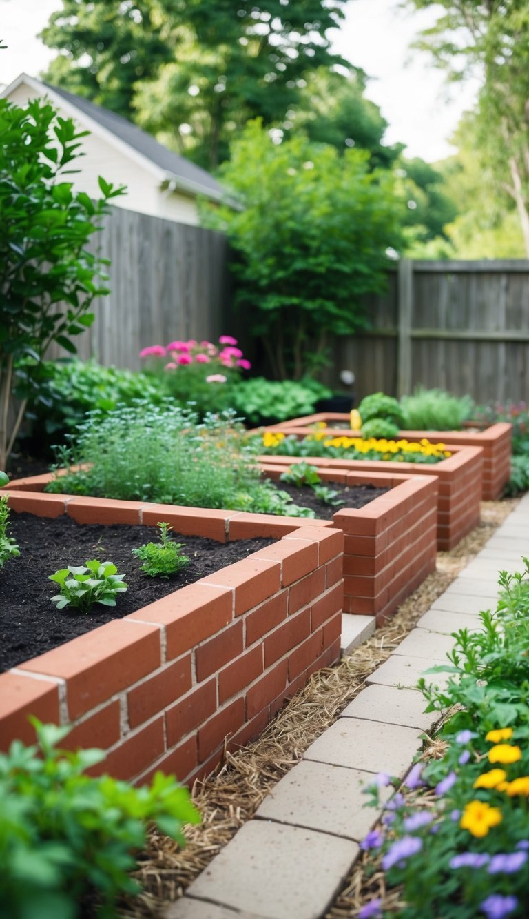 A backyard with built-in red brick raised beds, surrounded by greenery and flowers. A small path leads to the garden beds