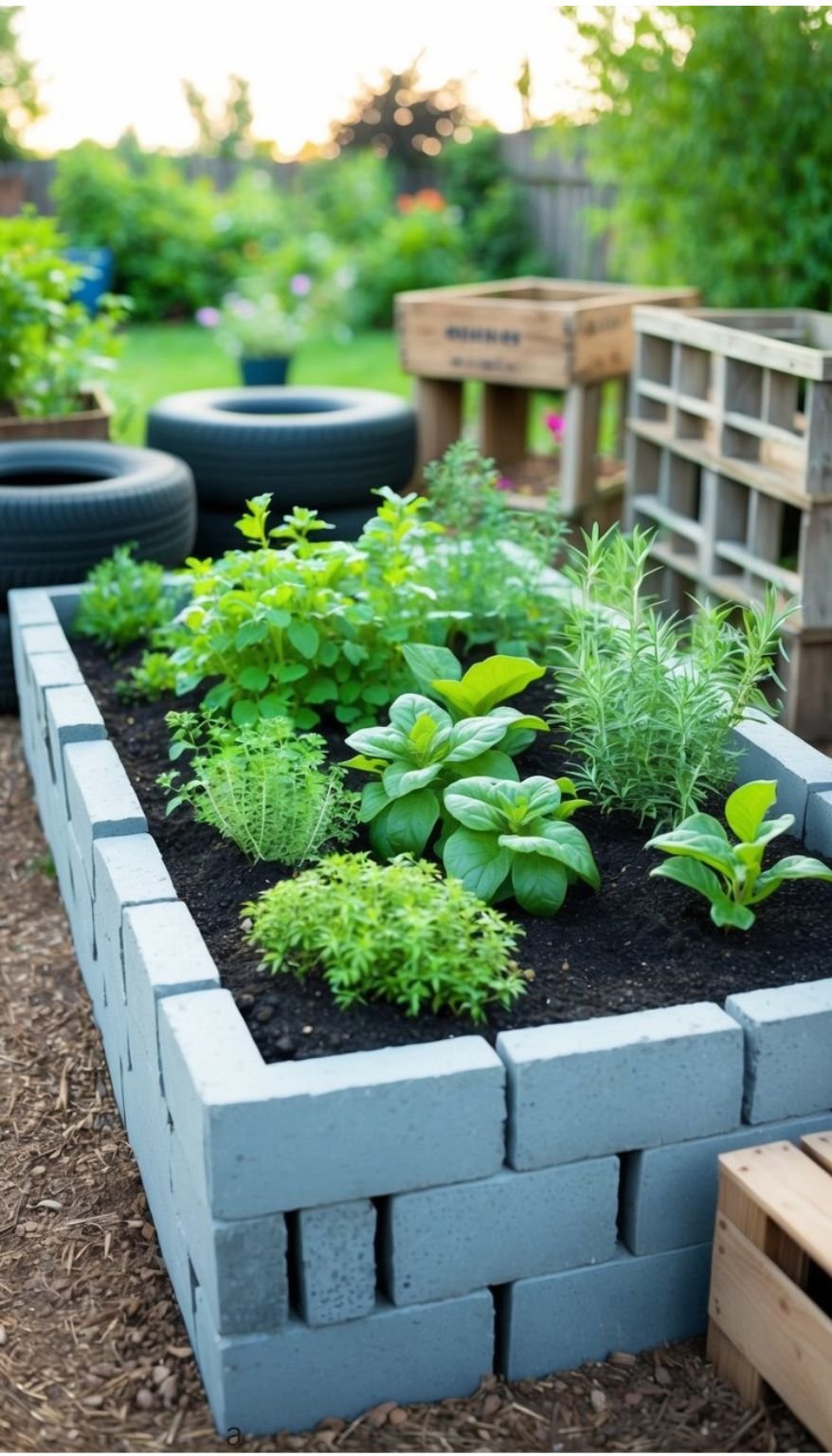 A cinder block raised garden bed filled with plants and herbs surrounded by recycled materials like old tires and wooden crates creating a unique and sustainable DIY garden space