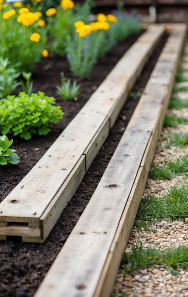 A garden bed is lined with upcycled pallet boards, creating a rustic and eco-friendly garden edging. The boards are weathered and worn, adding character to the garden space