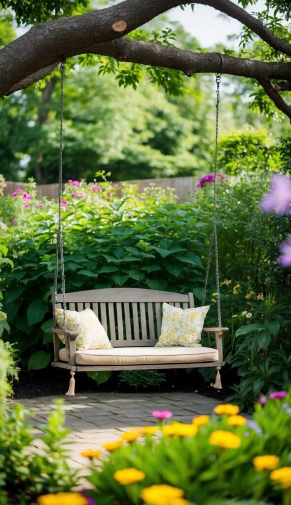 A garden swing hangs from a sturdy tree branch surrounded by lush greenery and colorful flowers. The hammock style seat provides a cozy spot to relax and enjoy the peaceful backyard oasis