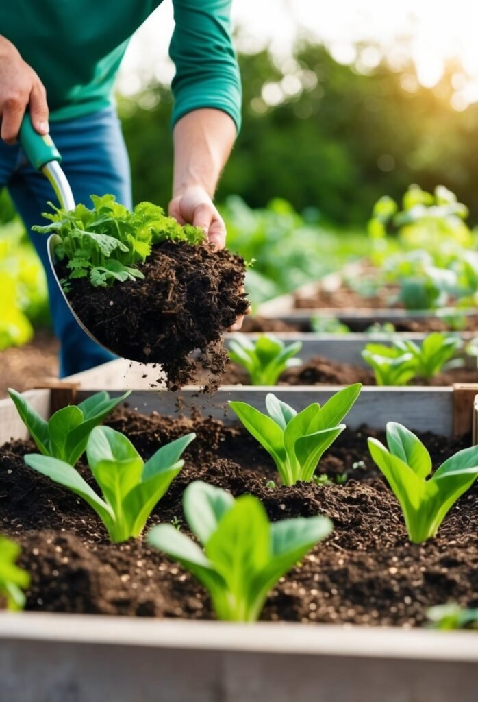 A gardener adds a mix of green and brown organic matter to raised garden beds, saving money on soil. The layers create a healthy foundation for plants to thrive