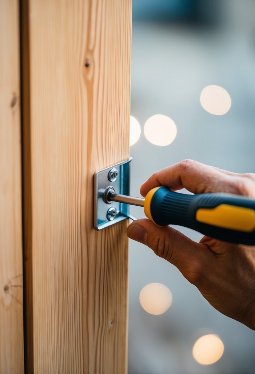 A hand holds a corner bracket against wooden planks. A screwdriver secures the bracket in place