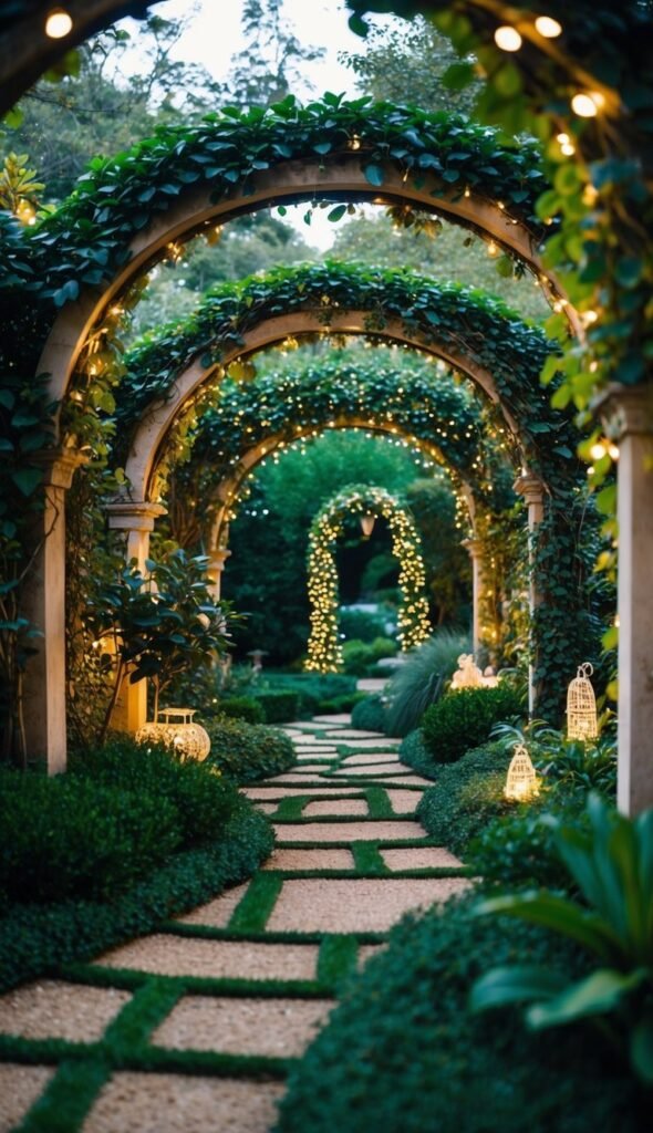 A lush garden with winding paths, overgrown archways, and hidden nooks filled with twinkling lights and whimsical decorations