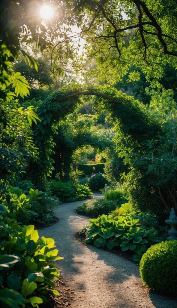 A lush garden with winding paths overgrown foliage and dappled sunlight filtering through the trees creating a magical and hidden oasis