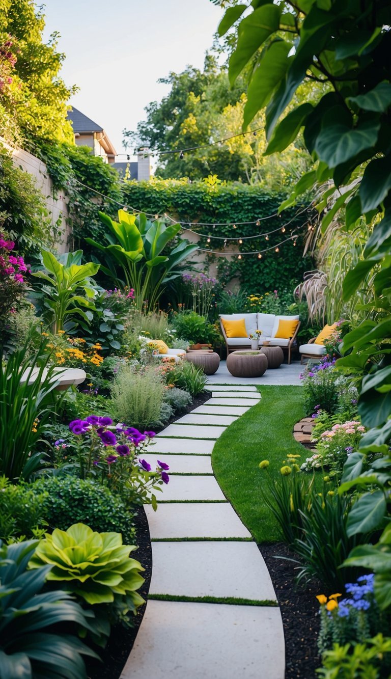 A lush vibrant backyard garden with a variety of plants flowers and winding paths leading to hidden nooks and cozy seating areas