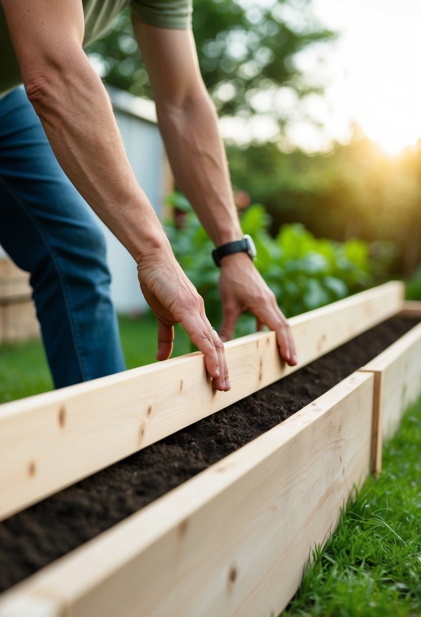 A pair of hands places wooden boards on top of the first row, creating the second layer of a raised garden box