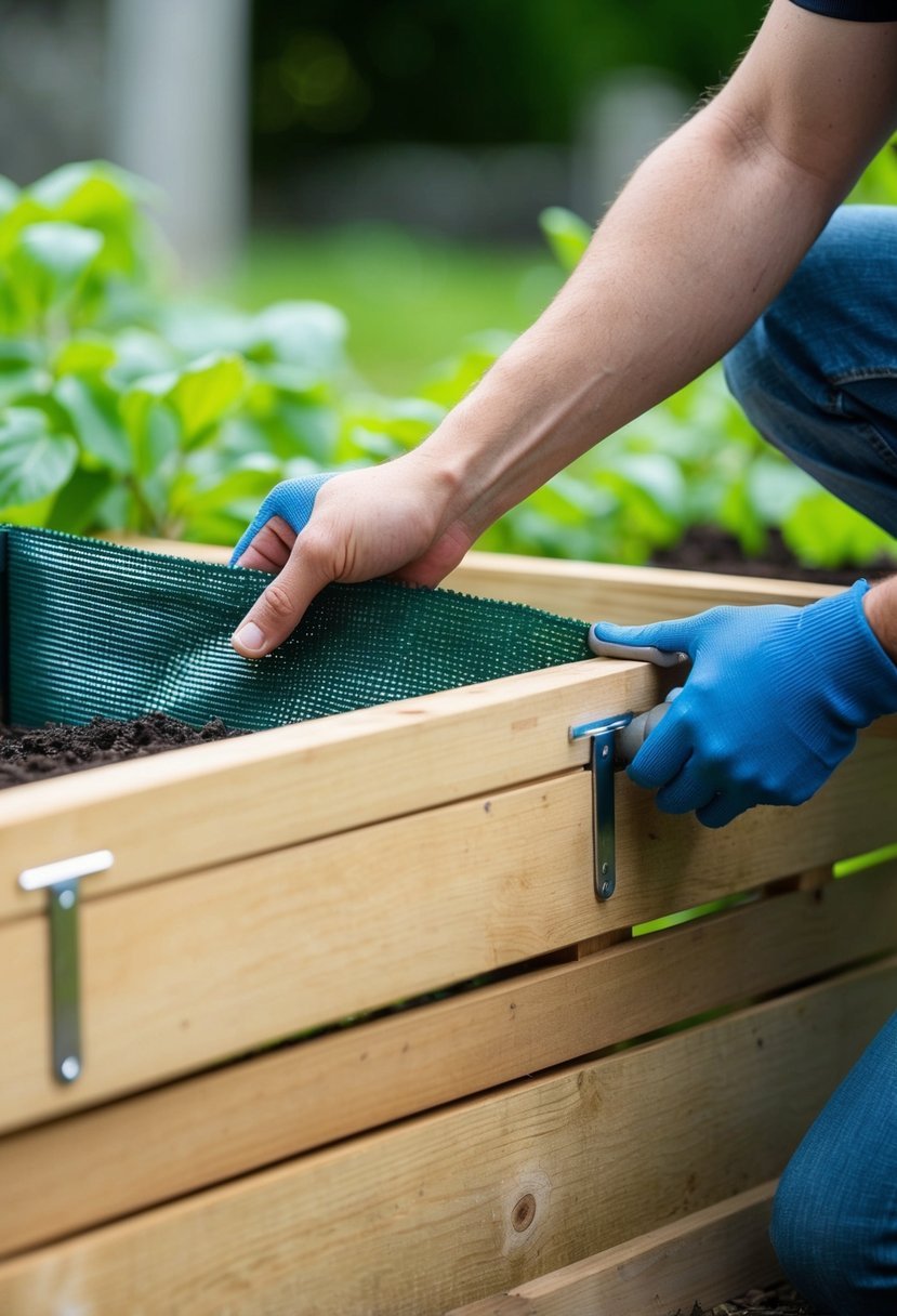 A person attaches weed barrier to the sides of a wooden raised garden box, securing it in place with staples or nails