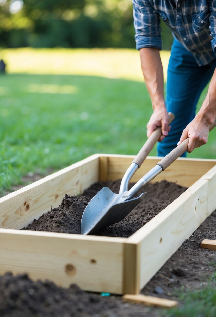 A person uses a shovel to level the ground. They then construct a simple raised garden box using wood and screws