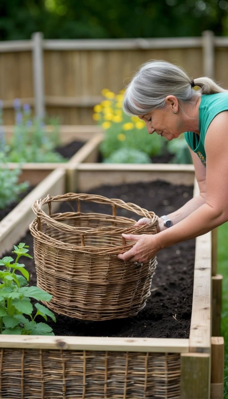 A person weaves willow baskets into raised garden beds, using recycled materials