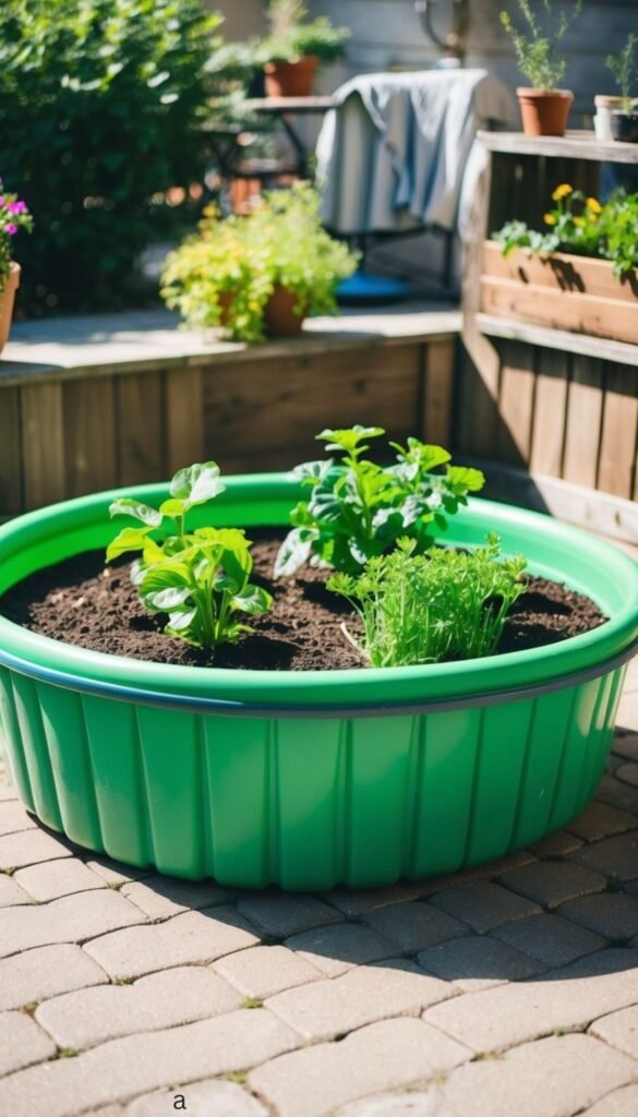 A plastic kiddie pool sits on a sunny patio filled with soil and vibrant green plants. Its been repurposed into a raised garden bed a DIY project that adds a touch of whimsy to the outdoor space