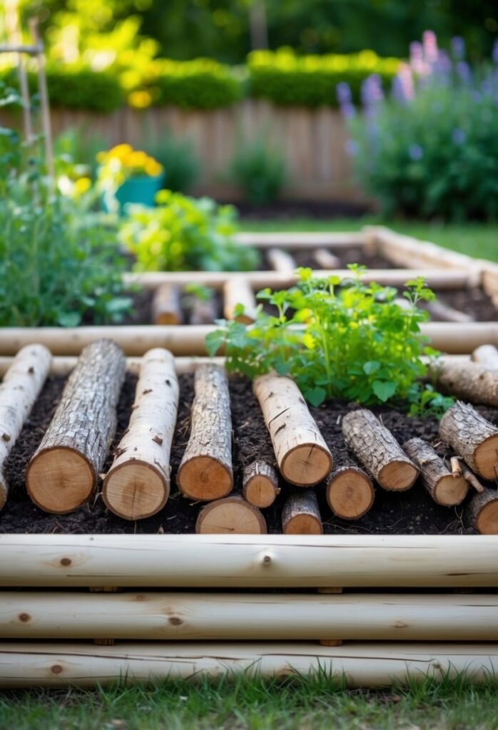 A raised garden bed filled with logs and sticks, creating a natural base for planting. The layers of organic material help save money on soil