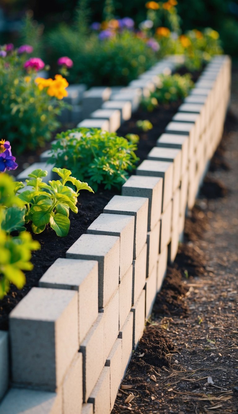 A row of planter wall blocks stacked to form a raised garden bed. Surrounding plants and flowers add color and life to the inexpensive garden design