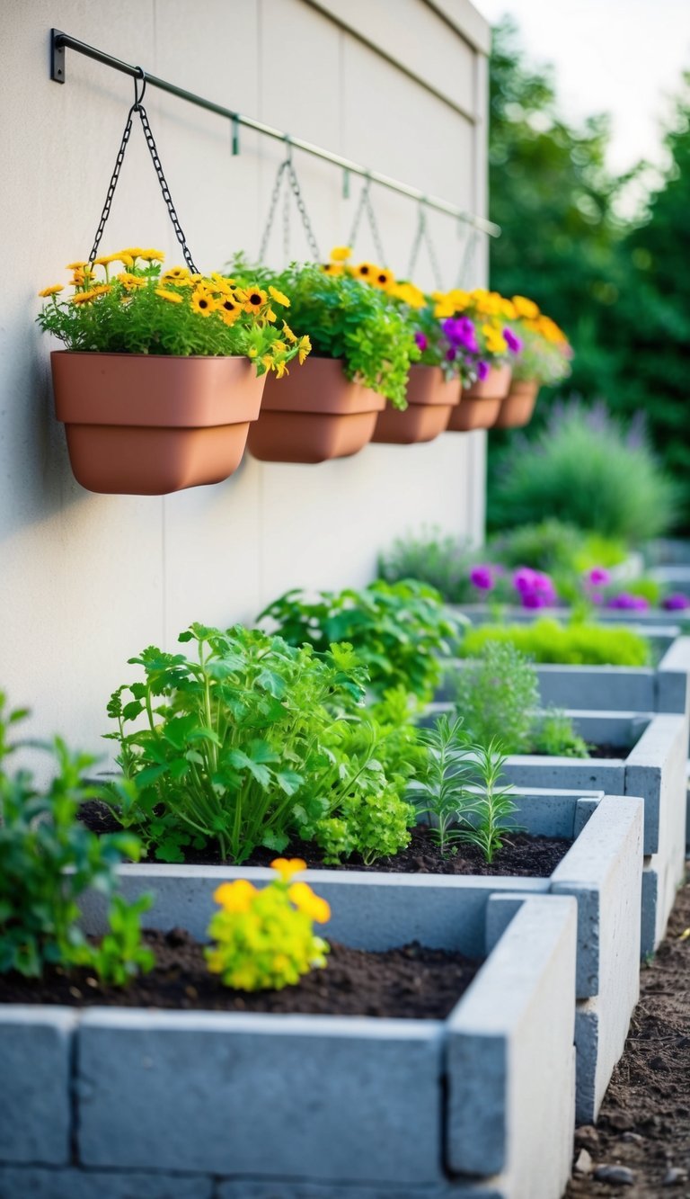 A row of wall-mounted hanging planters filled with vibrant flowers and herbs, surrounded by raised garden beds made from inexpensive materials like recycled wood or cinder blocks