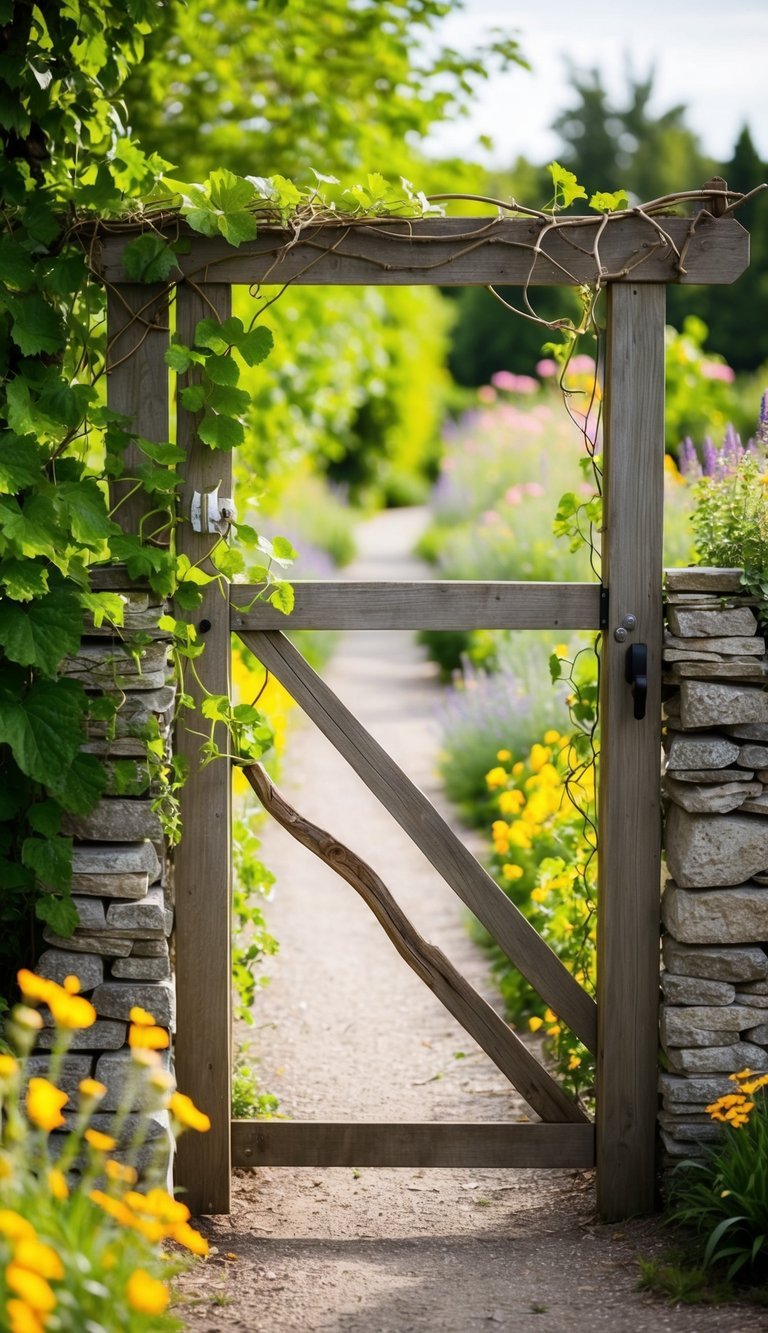 A rustic wooden gate with climbing vines leading to a lush garden path flanked by wildflowers and stone accents