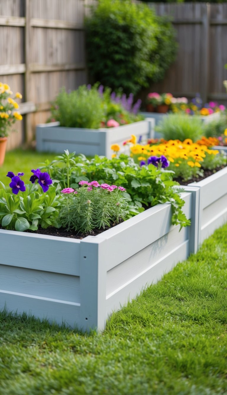 A small backyard with flower box raised beds, filled with colorful flowers and herbs. A simple and inexpensive raised garden bed idea