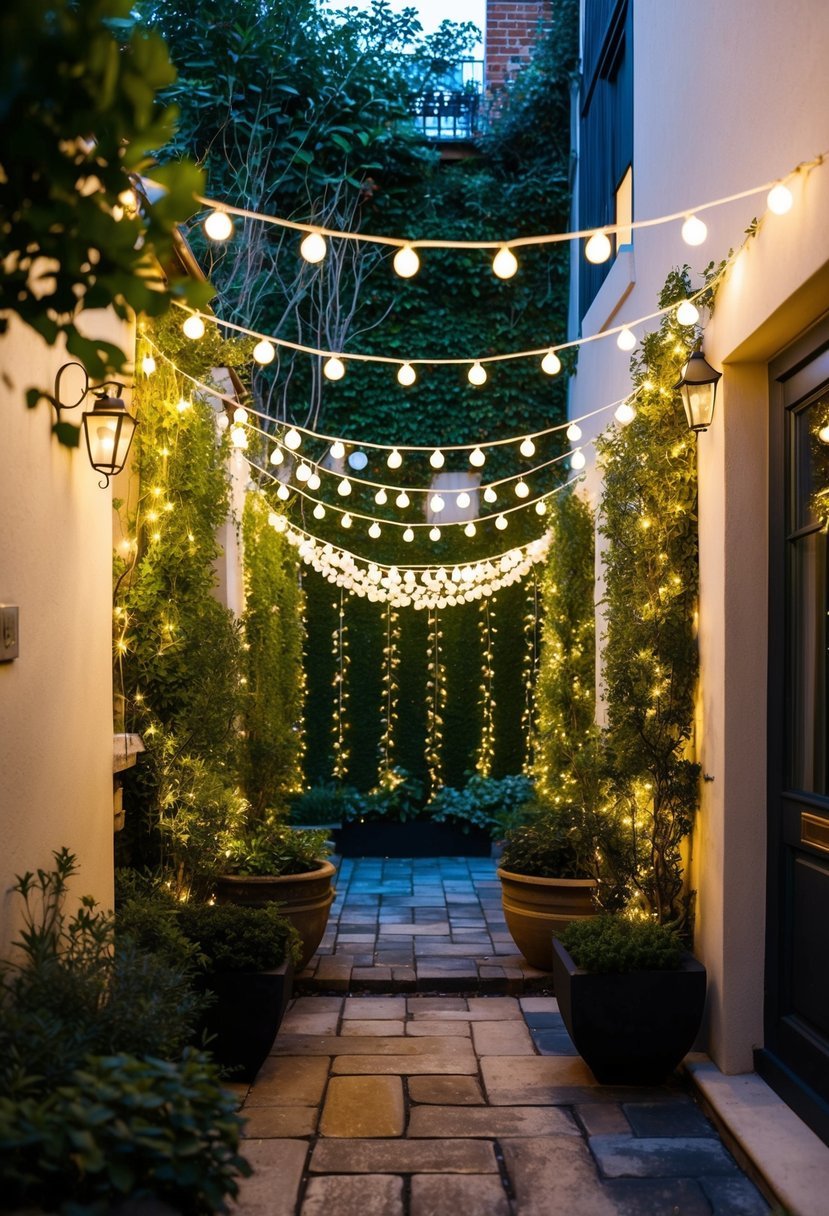 A small courtyard garden adorned with fairy light drapes creating a magical and enchanting atmosphere