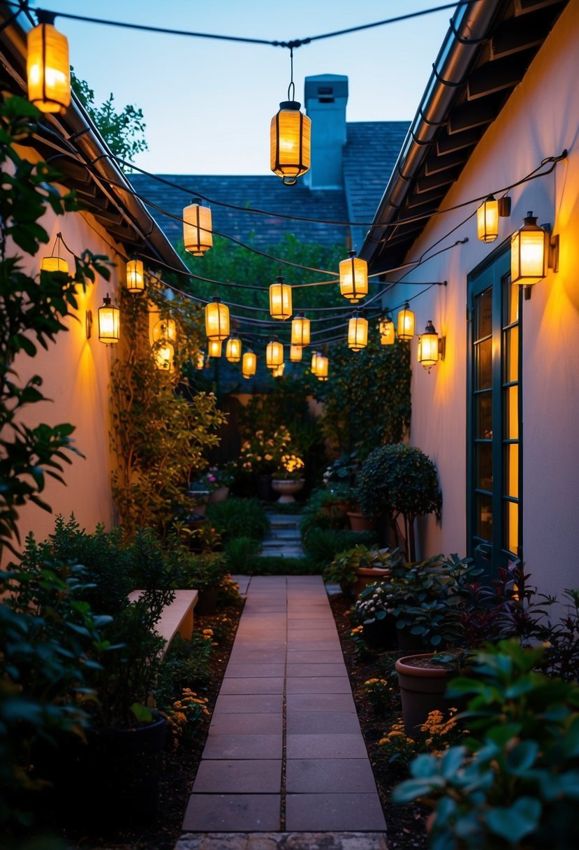 A small courtyard garden adorned with hanging lanterns, casting a warm glow in the evening