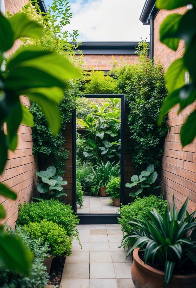 A small courtyard garden with a mirror reflecting greenery, creating the illusion of a larger space with lush vegetation