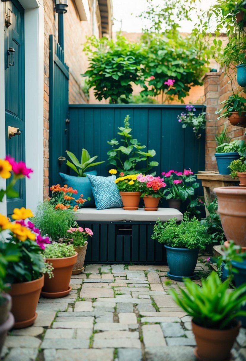 A small courtyard garden with a storage bench surrounded by potted plants and colorful flowers