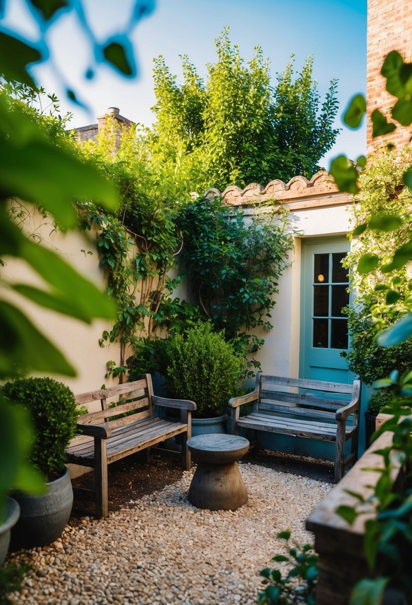 A small courtyard garden with rustic wooden benches