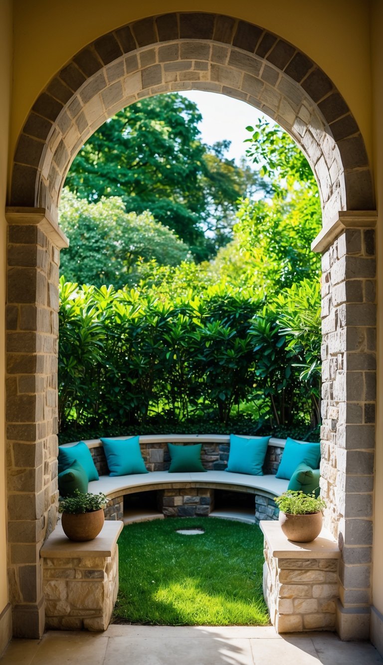 A stone archway frames a lush garden with built in chairs nestled within the walls inviting visitors to sit and enjoy the tranquil surroundings