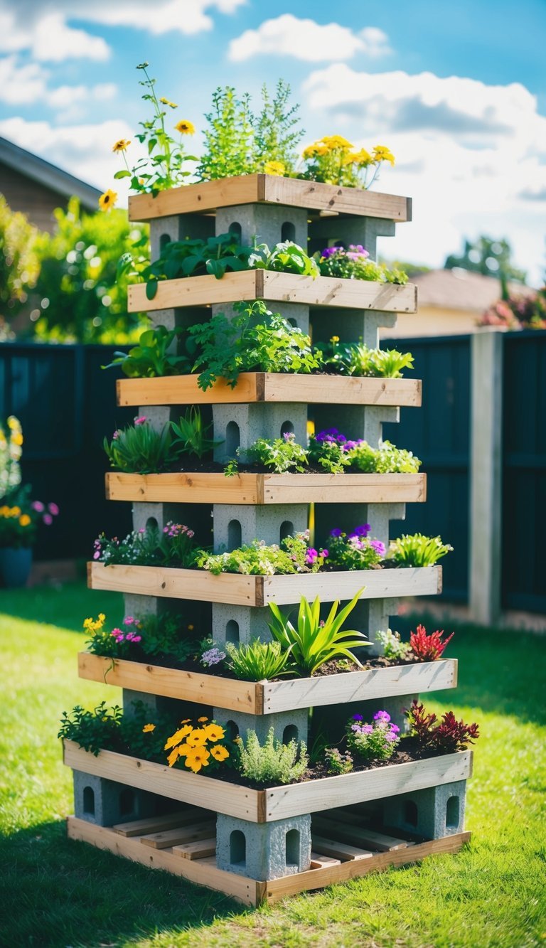 A tiered vertical garden bed with various plants and flowers, constructed from inexpensive materials like wooden pallets or cinder blocks