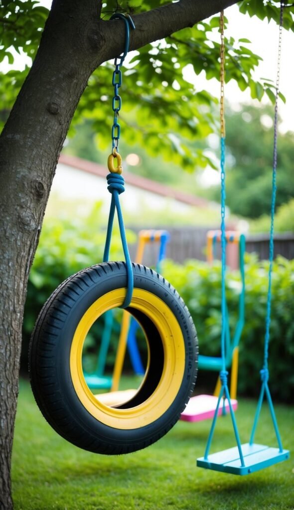 A tire swing hangs from a sturdy tree branch, painted in vibrant colors. The garden is lush and inviting, with various DIY swings scattered around