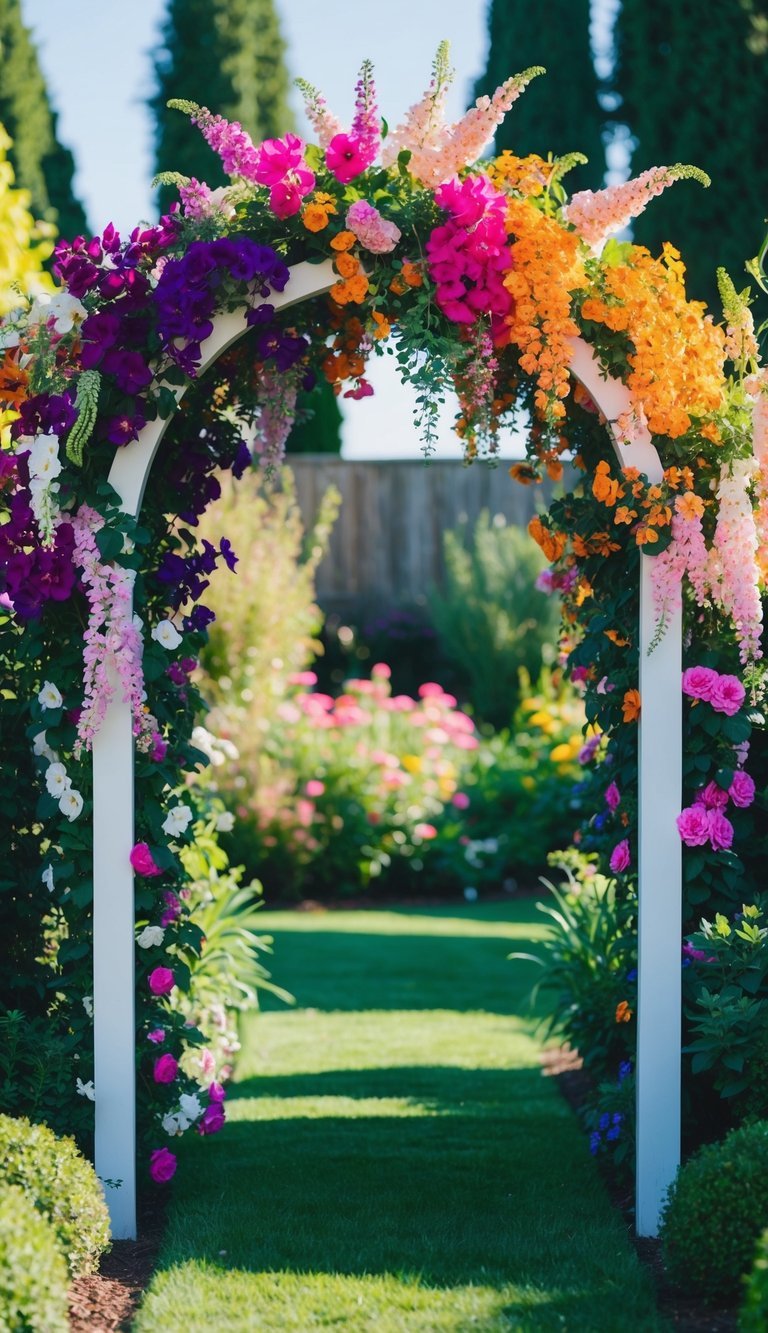 A vibrant array of flowers cascades over the archway of a backyard garden entrance, creating a colorful and inviting focal point