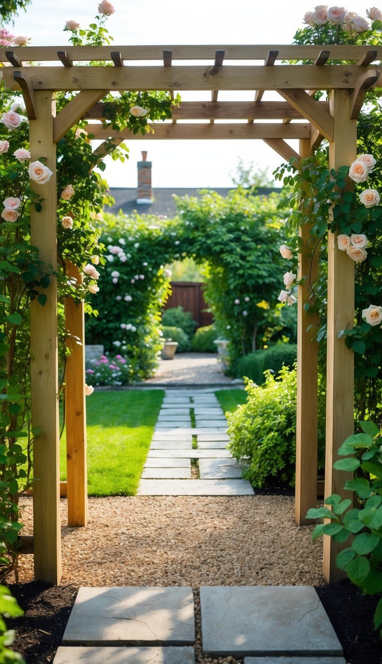 A wooden arbor covered in climbing roses frames a gravel path leading to a charming backyard garden. Stone pavers and lush greenery complete the rustic entrance