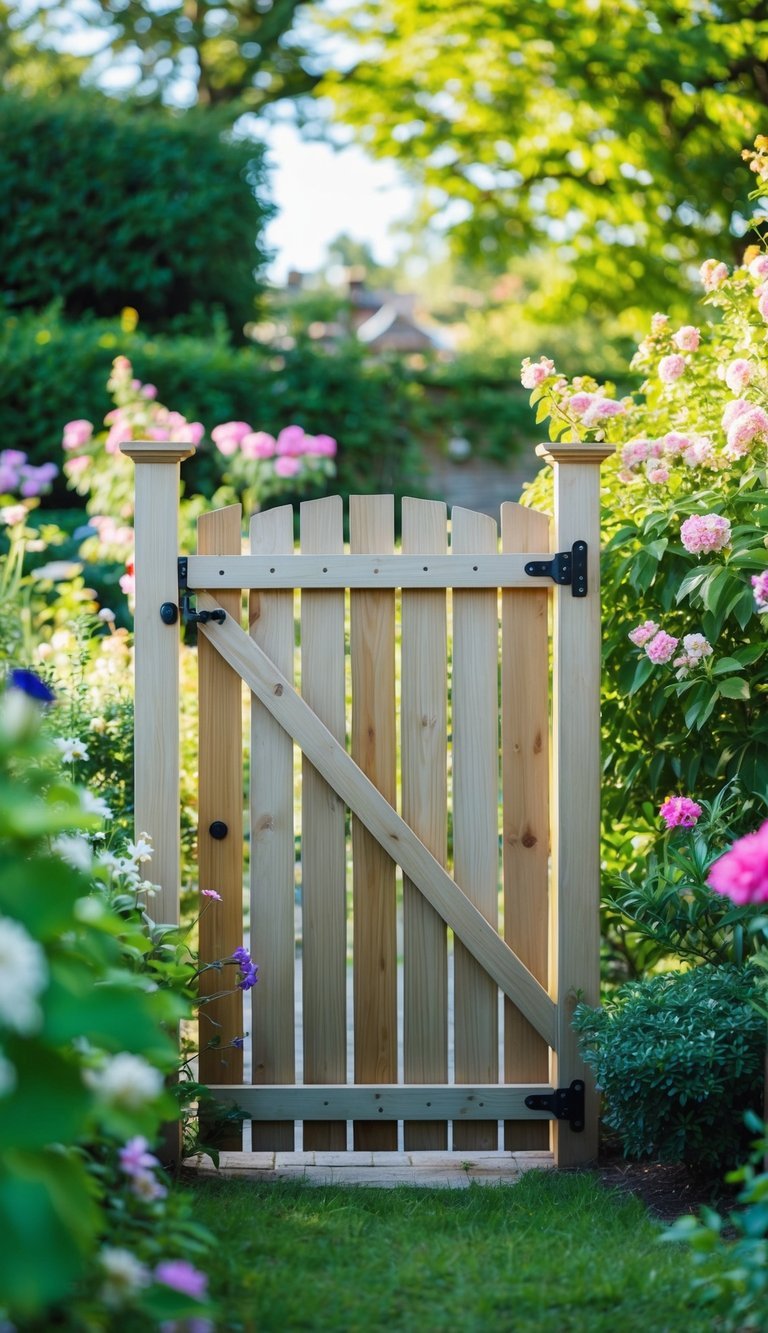 A wooden gate stands open in a lush backyard garden, surrounded by blooming flowers and greenery