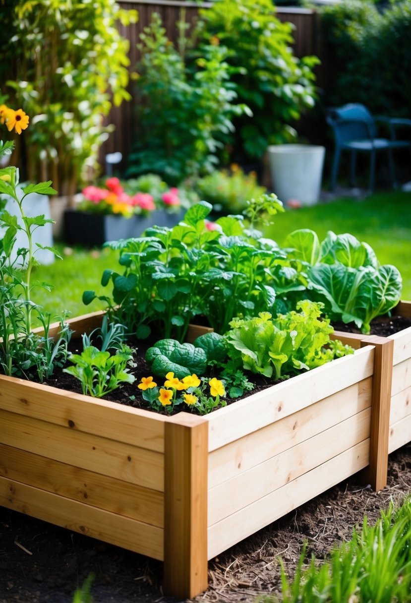 A wooden raised garden box sits in a backyard. It is filled with soil and various plants, such as vegetables and flowers, growing inside