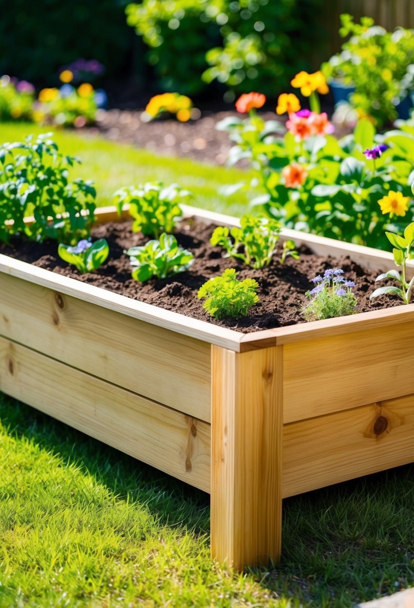 A wooden raised garden box sits in a sunny backyard. It is filled with rich soil and surrounded by vibrant green plants and colorful flowers