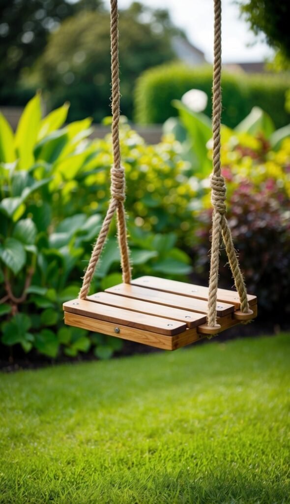 A wooden seat swing hangs from a sturdy rope, surrounded by lush greenery in a backyard garden oasis