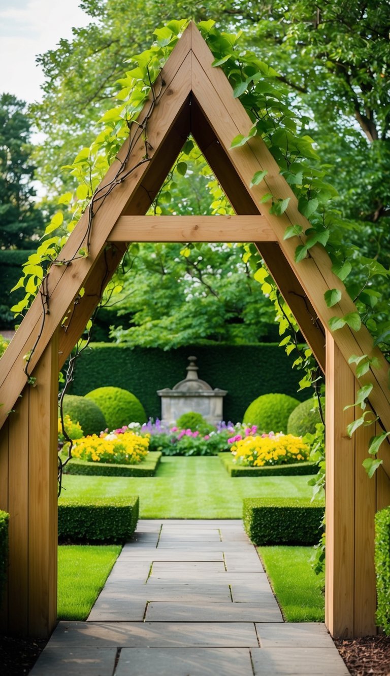 A wooden triangular archway with climbing vines, leading to a lush garden with colorful flowers and neatly trimmed hedges