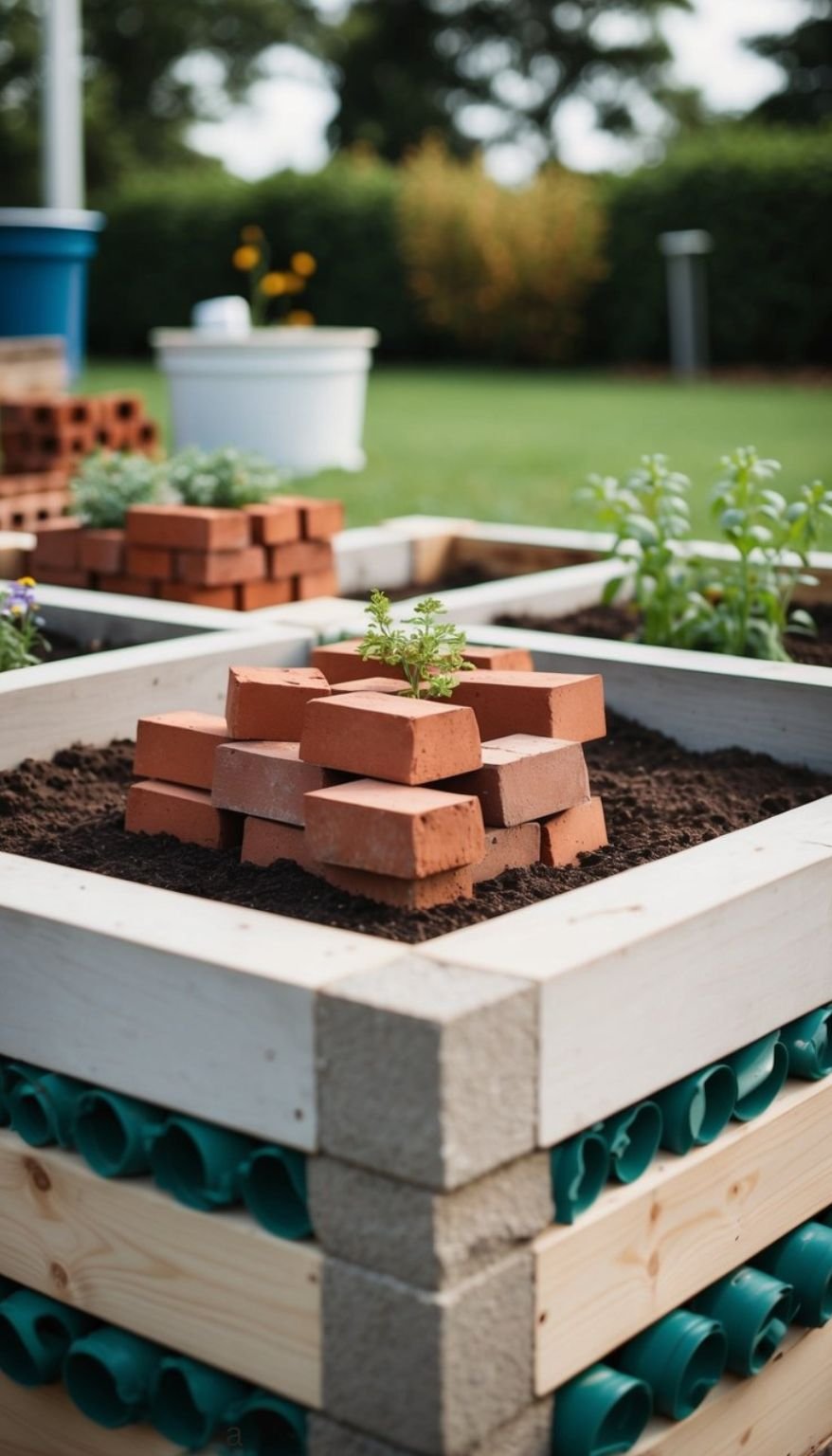 A raised garden bed made of bricks without mortar, surrounded by recycled materials