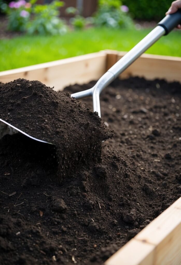 Rich, dark soil being shoveled into a raised garden bed, filling it to the brim. The soil is being evenly spread and leveled with a rake