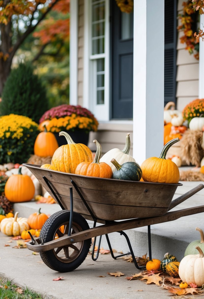 Rustic Wooden Wheelbarrow with Gourds