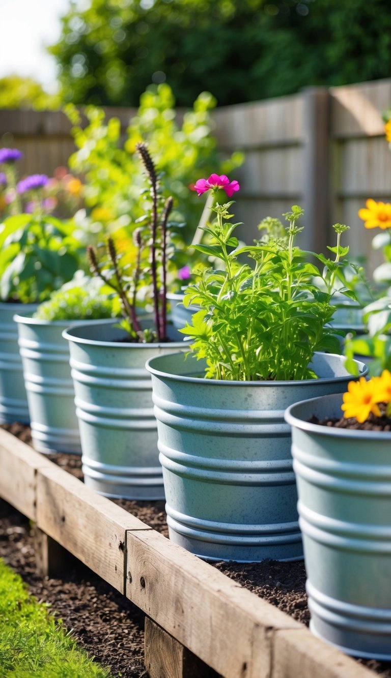 Several galvanized planters arranged in a raised garden bed with various plants and flowers growing inside