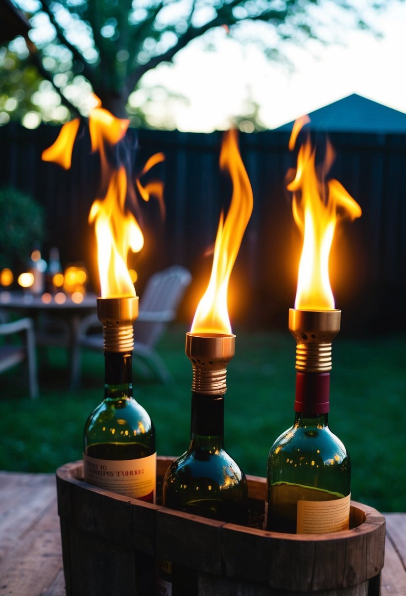 Tiki torches illuminate a backyard landscape, nestled in old wine bottles. The warm glow creates a cozy, inviting atmosphere for outdoor gatherings