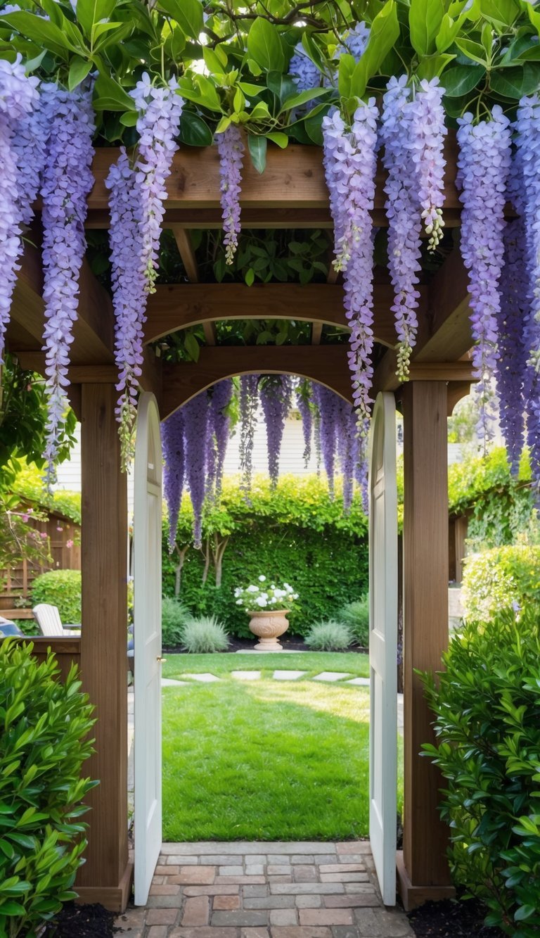 Wisterias cascade over a wooden arch at the top of a lush backyard garden entrance, creating a picturesque and inviting scene