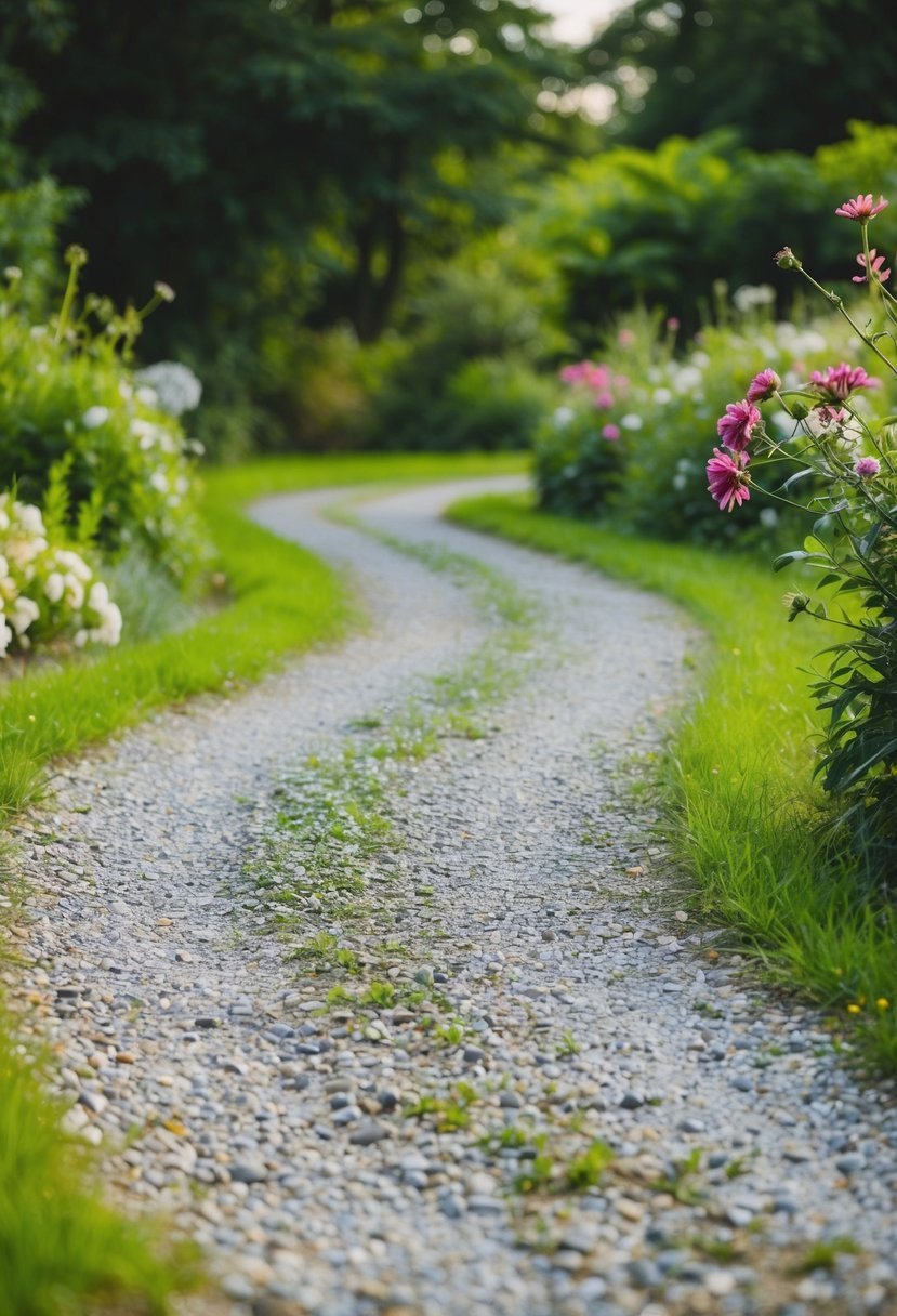 A winding gravel path surrounded by lush greenery and flowers