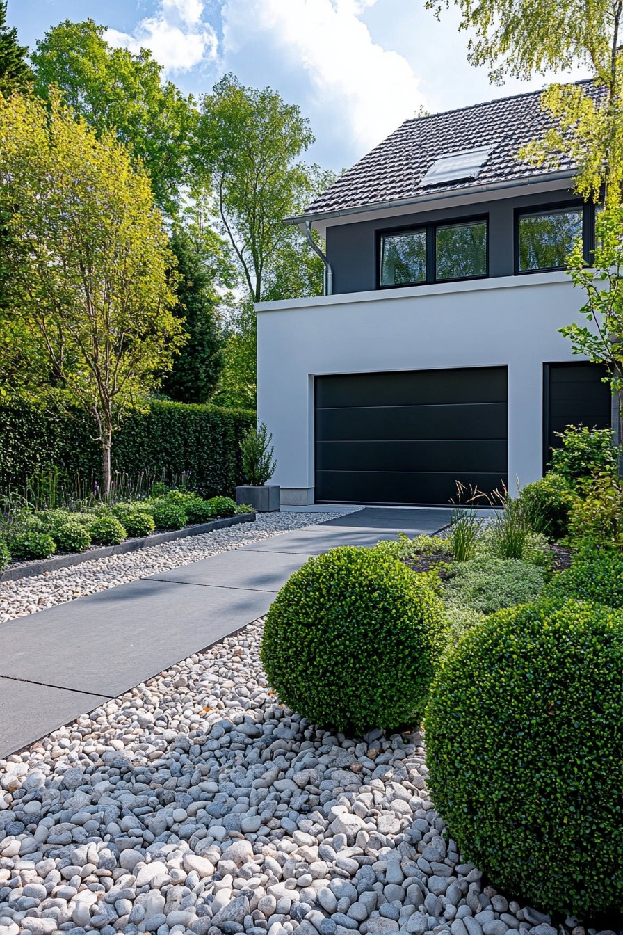 Combine Clean Lines and Pebbled Borders for a Minimalist Driveway