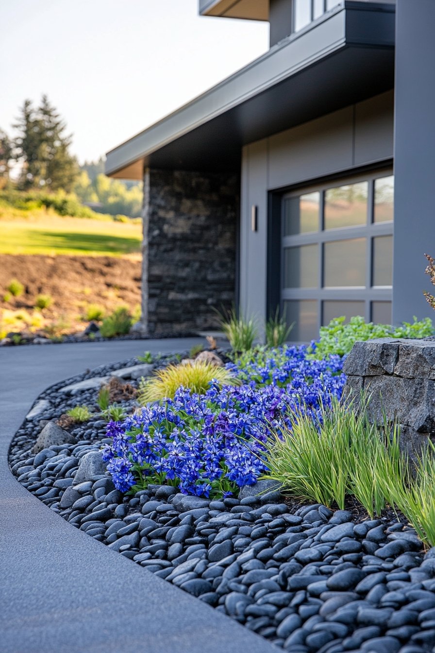 Elevate Your Driveway With Bold Black Rocks and Vibrant Flowers