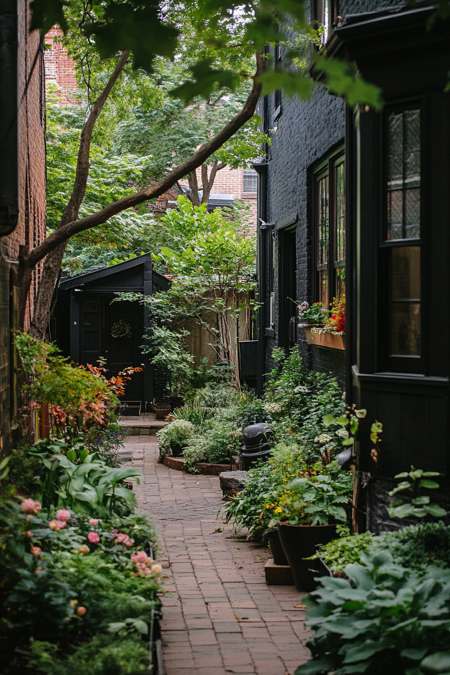 Narrow Alley into a Lush Garden Pathway