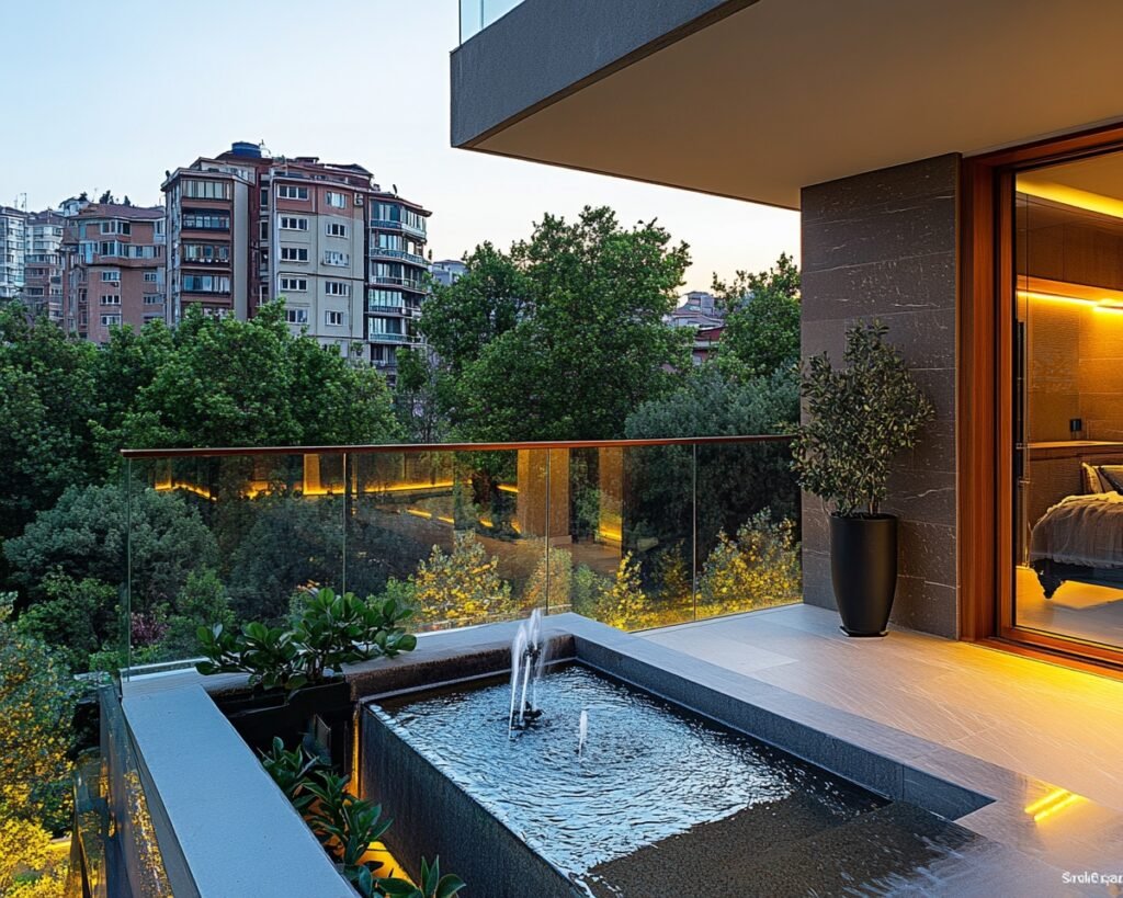 Balcony with Fountain Lighting and Ambient Illumination