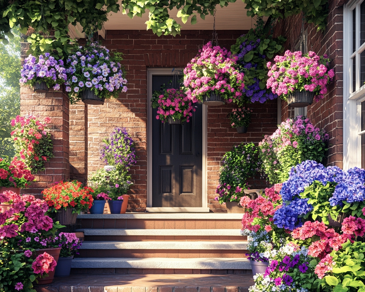 Create a Lush Front Porch Display with Hanging Flower Baskets and Colorful Pots