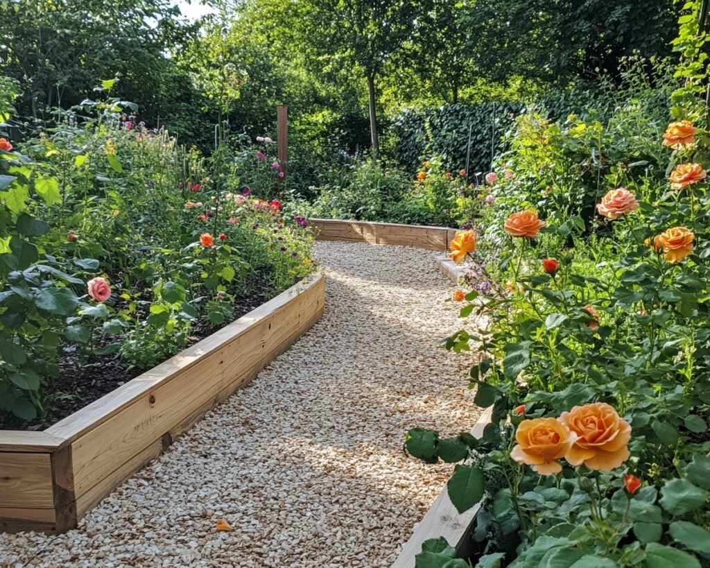 Charming Gravel Pathway with Raised Garden Beds